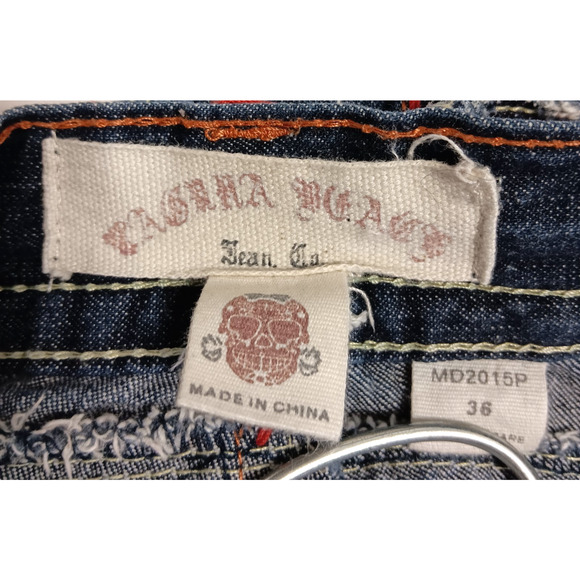 Vintage Y2K Bootcut Jeans 36 x 34 Skull Thick Stitch Embroidered Fading Whiskers - Picture 13 of 14